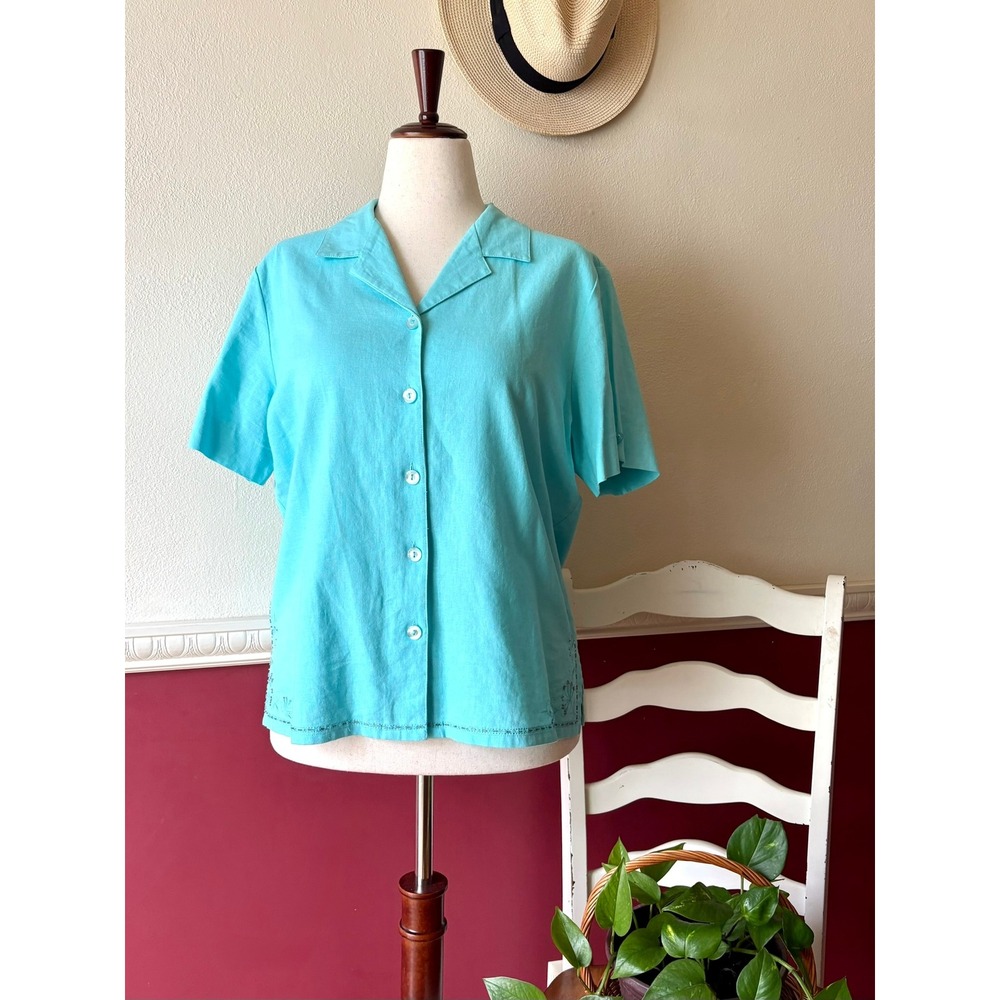 Vintage Sag Harbor Turquoise Linen Blend Embroidered Button Up Top Sz 14 Coastal